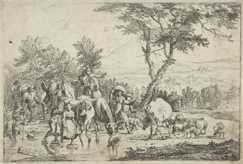 Detail of Farmers stabbing a creek with their flock by H. Pielmans