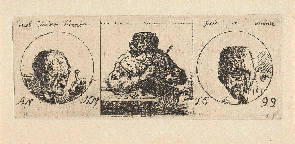 Detail of In the middle a smoker, right the head of a man with fur hat, left the head of a man holding in his hand a stick by Jacob Laurensz. van der Vinne