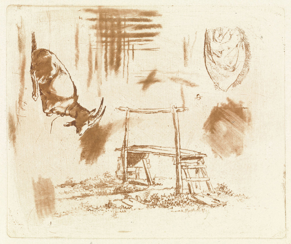 Detail of Study Sheet with reclining goat, a wooden bench and a drapery by Johannes Huibert Prins