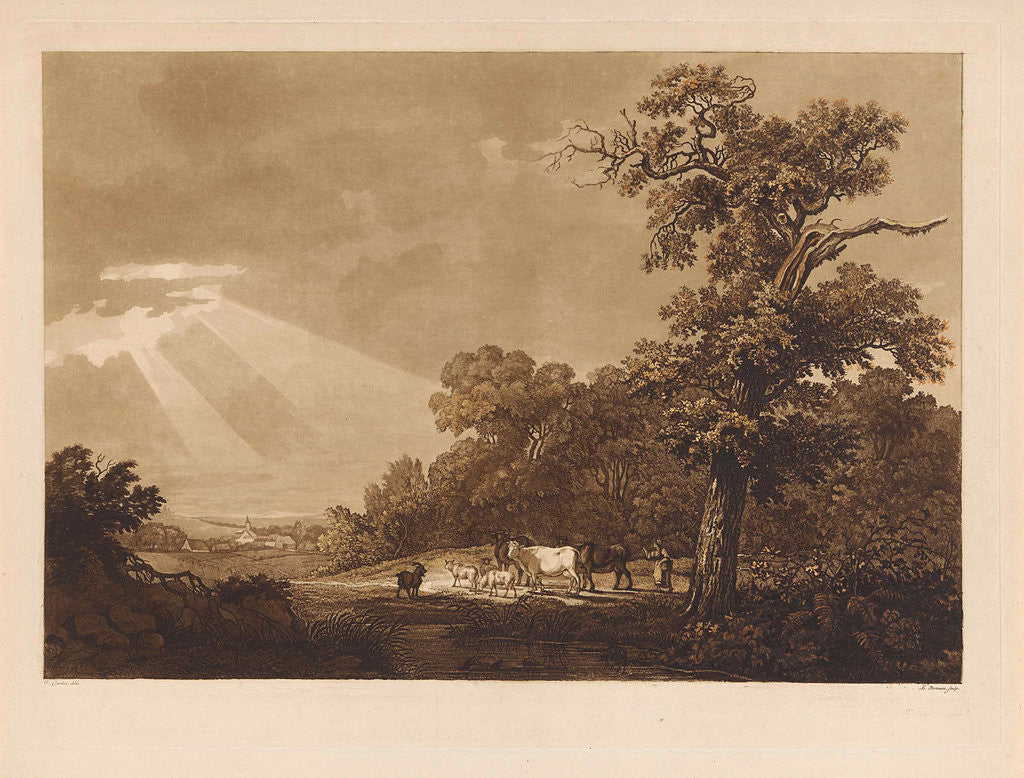 Detail of Hilly landscape with a herd of animals by Ludwig Gottlieb Portman