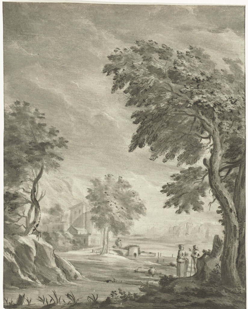 Detail of Landscape with pedestrians on the side of a road, the outline of a city, the road follows the river towards the city by Jurriaan Cootwijck