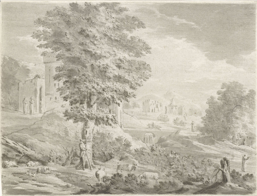 Detail of Landscape with a city in the background, a shepherd against a tree around him graze his sheep by Jurriaan Cootwijck