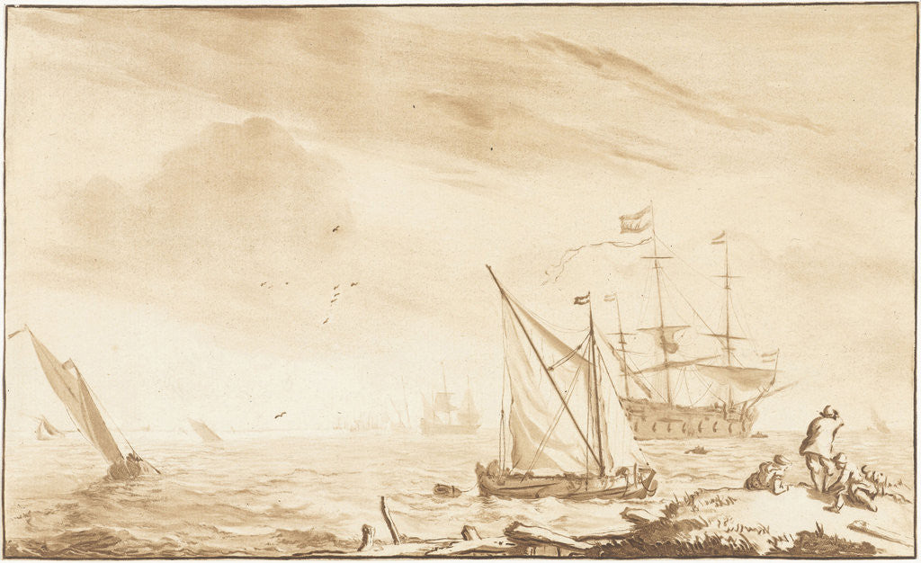 Detail of Warship at the beach by Ludolf Bakhuysen