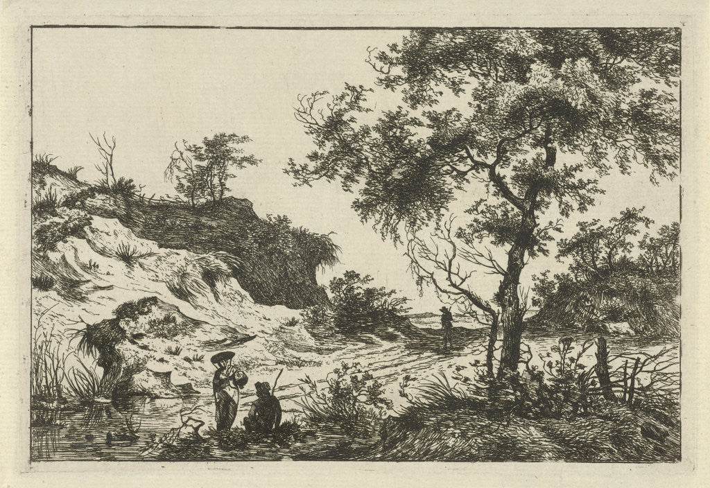 Detail of Dune landscape with a large tree, a woman at a pool and a seated man, a man on the track by Hermanus Fock