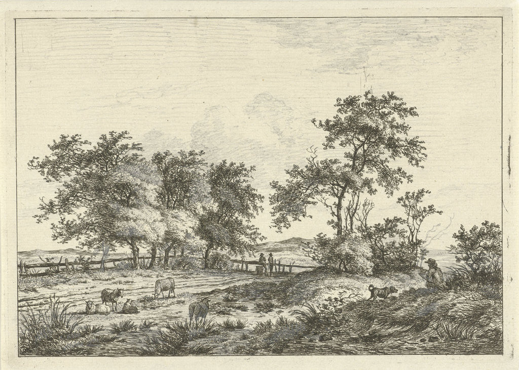 Detail of In a pasture with sheep are two people in the background at a gate by Hermanus Fock