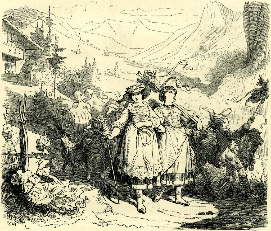 Detail of Girls Leading Cattle to the Mountains Switzerland by Anonymous