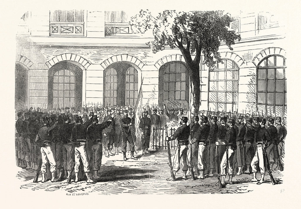 Detail of Francs-Tireurs of Paris Pledge Allegiance to Their Commander Aronsohn and to the Flag, to Conquer or Die. France by Anonymous