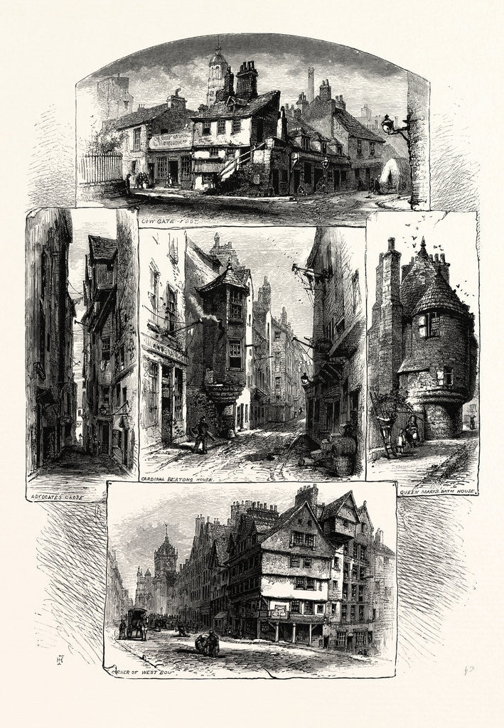 Detail of Bits in Old Edinburgh: Advocate's Close, Corner of West Bow, Cardinal Beaton's House, Queen Mary's Bath House, Cowgate; Scotland by Anonymous
