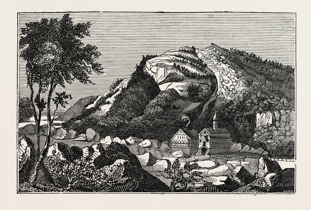 Detail of Church and Buildings Erected on the Site of the Village of Goldau, Arth, Canton of Schwyz, Switzerland by Anonymous