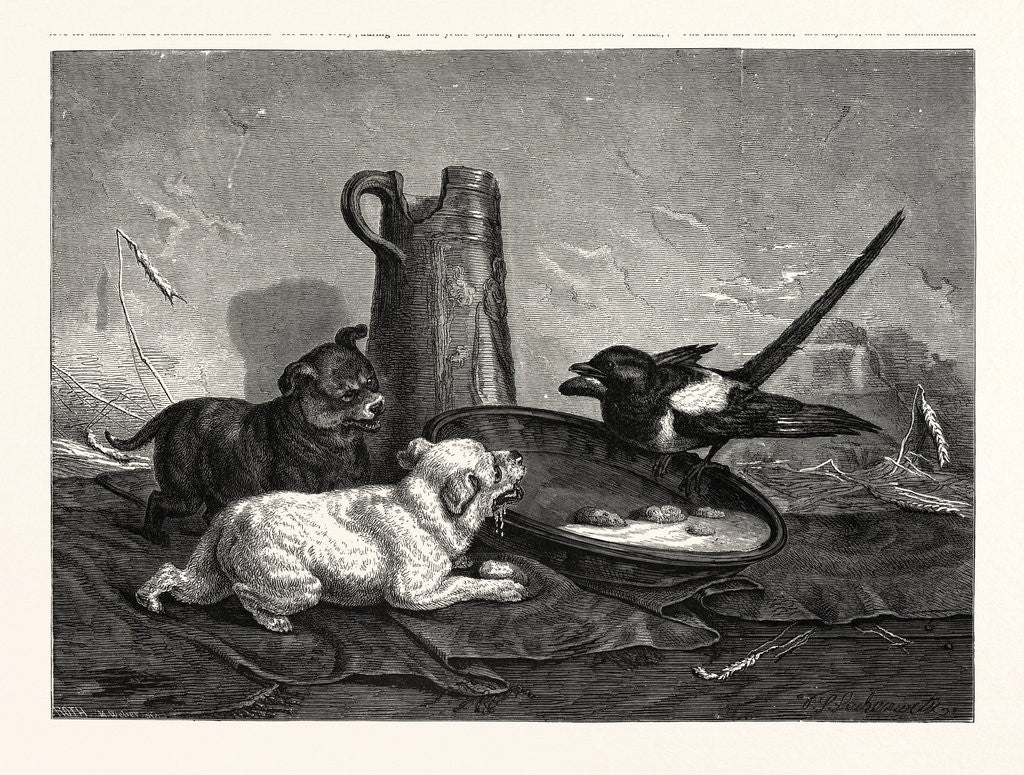 Detail of An Unbidden Guest. Dogs and Bird Dinner. by Anonymous