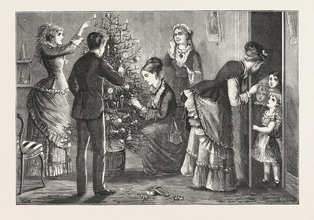 Detail of Dressing the Christmas Tree: The Finishing Touch: May I Come in? by Anonymous