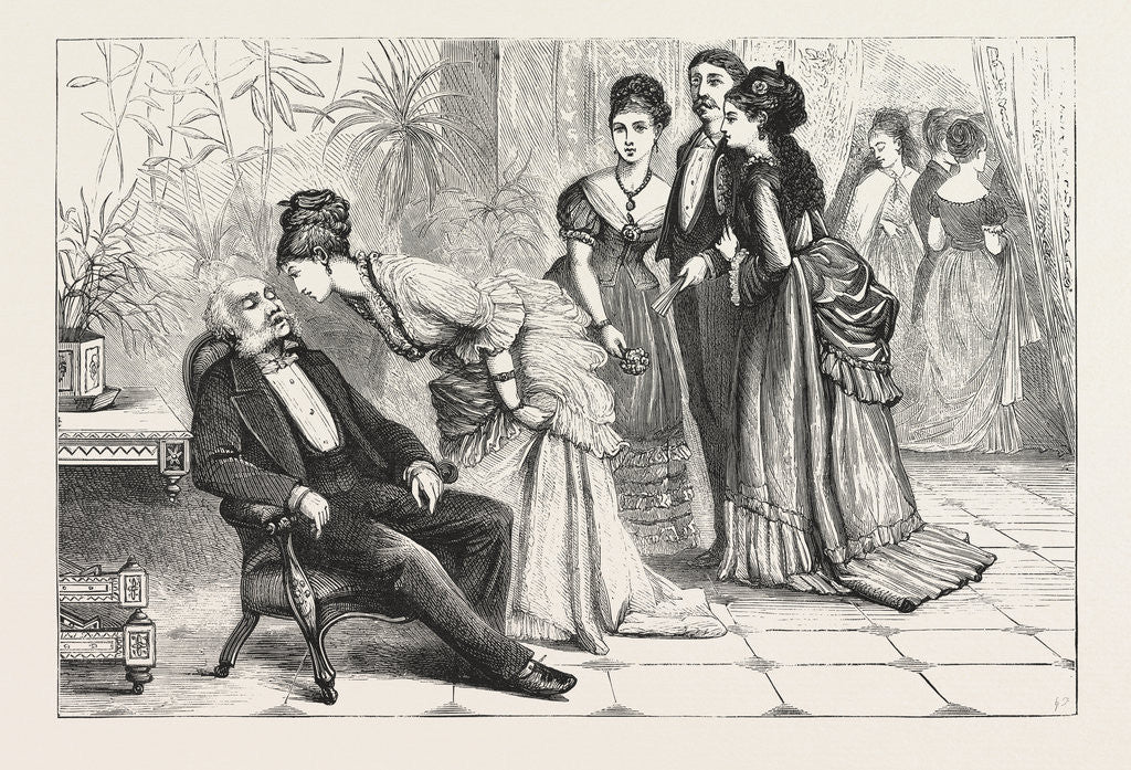 Detail of Winning the Gloves, Man, Ladies, Interior, Sleeping, Gathering by Anonymous
