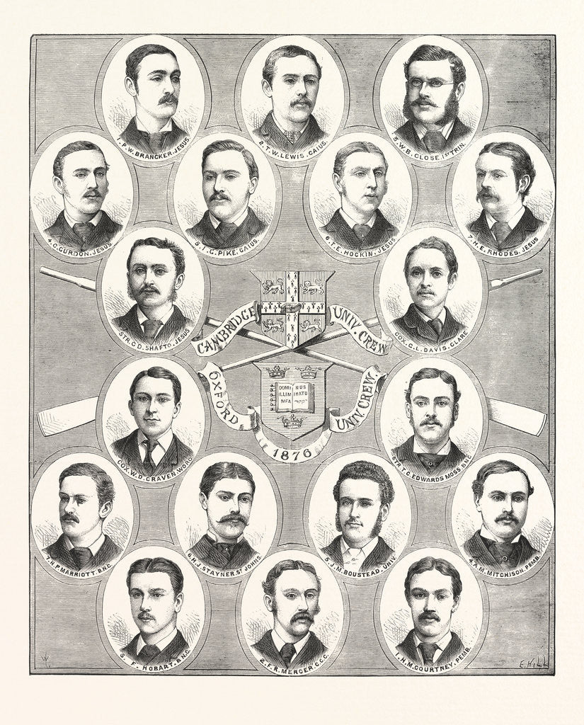 Detail of The Oxford and Cambridge Boat Race, 1876.: Portraits of the Crews by Anonymous