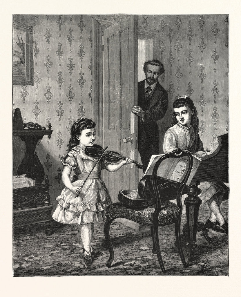 Detail of A Rehearsal on the Sly, Girl, Girls, Violin, Music, Piano, Room, Interior by Anonymous