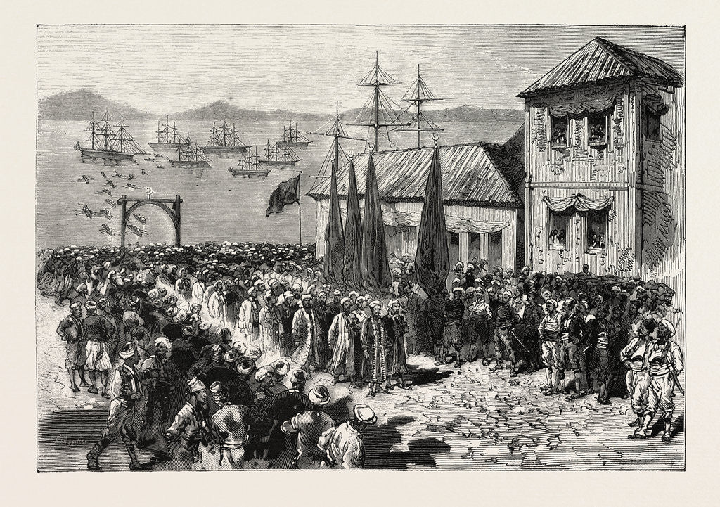 Detail of The War in the East, Disembarkment of a Band of Softas at Salonica, En Route for Servia, Serbia by Anonymous