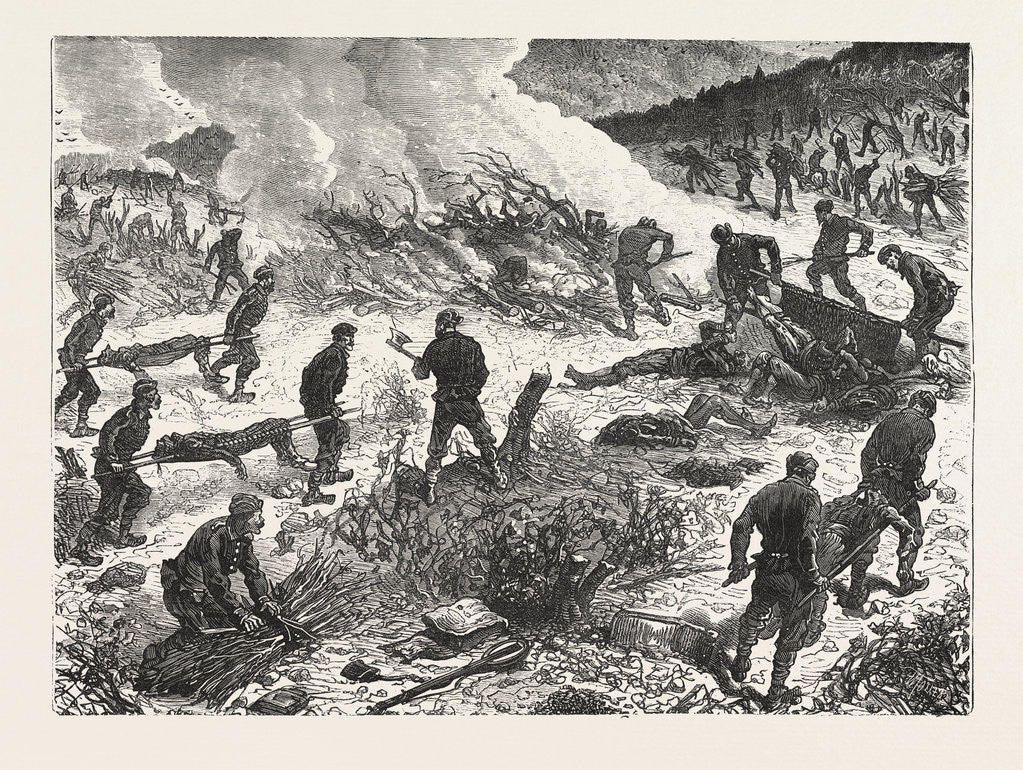 Detail of The War: Servian Soldiers Burning the Bodies of Turks Killed in the Fight of August 23, and Unrecovered on the 27th, in the Wood of Buimir, Near Alexina by Anonymous