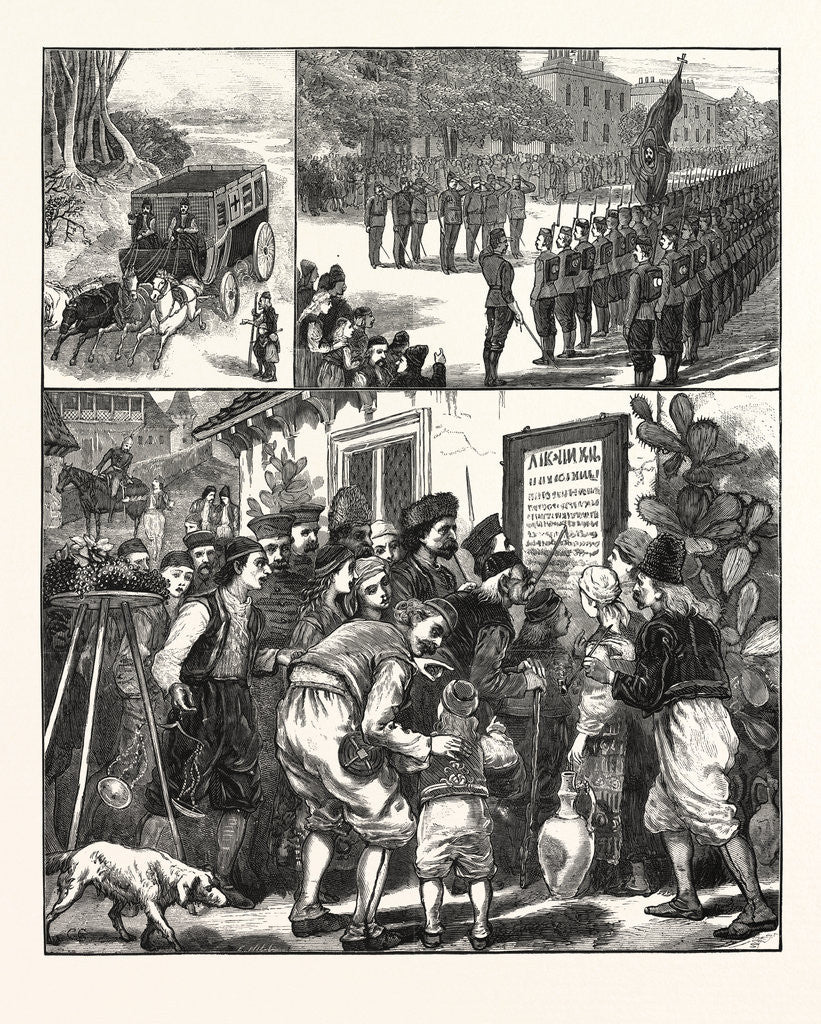 Detail of The Turko-Servian War, Prince Milan and Staff Saluting the Sacred Flag of Russia, Village of Semendria, Reading Accounts of the Last Battle by Anonymous