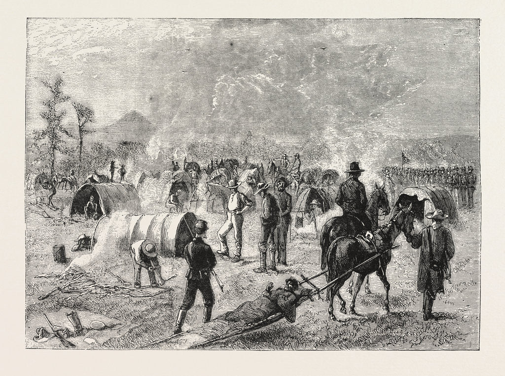Detail of General Crook's Camp at Whitewood Creek: Bringing in a Wounded Soldier on a Travau, the Sioux War, United States by Anonymous