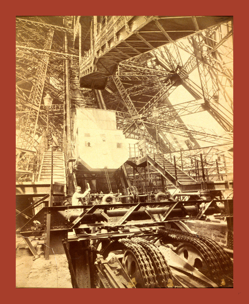 Detail of Eiffel Tower Machinery with a Man Beside the Wheel that Raises Elevator by Anonymous