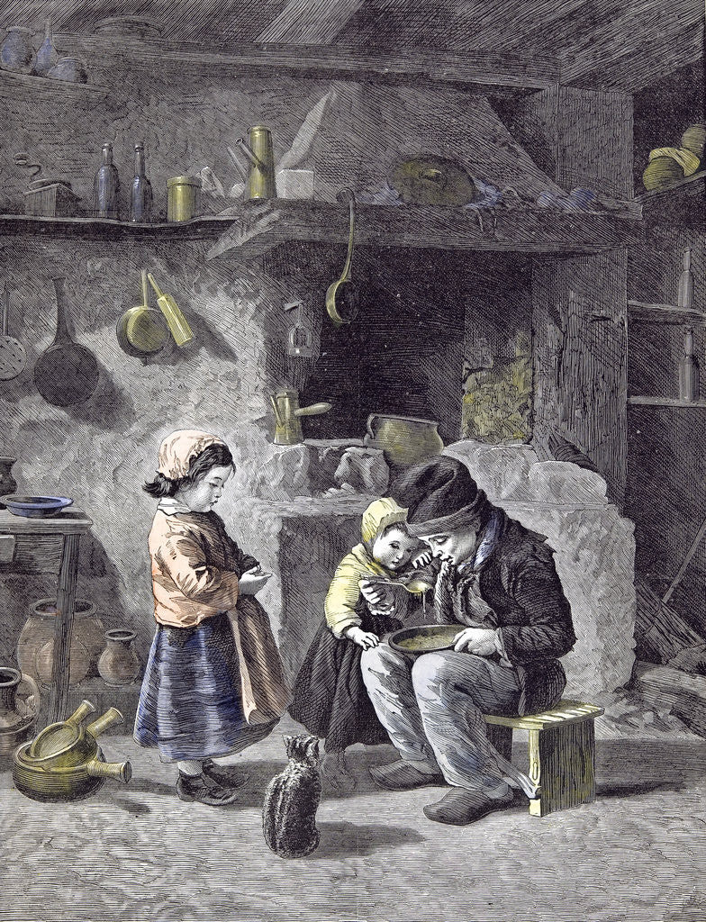 Detail of Breakfast Children Kitchen Cat 1877 by Anonymous