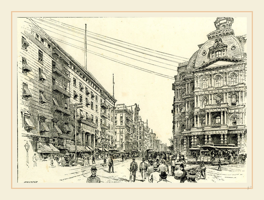 Detail of Broadway, showing Astor house and the post office, US, 19th century by Anonymous