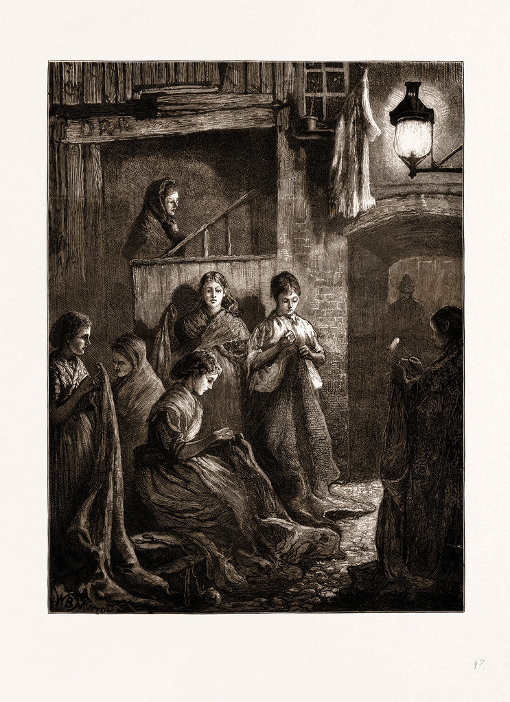 Detail of London Life At The East End: Sack-making By The Light Of A Street Lamp, UK by Anonymous