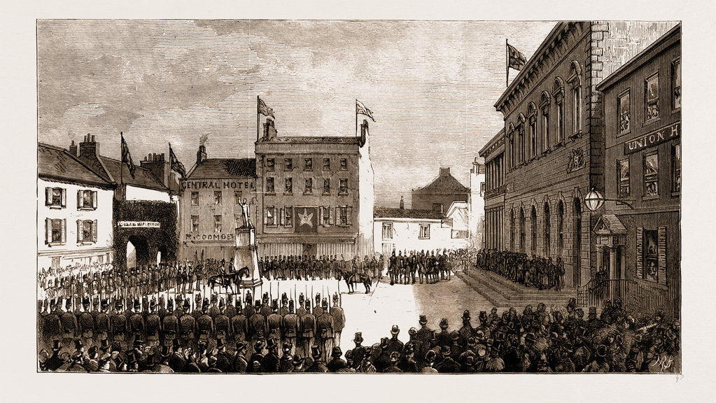 Detail of Centenary Of The Battle Of Jersey, Fete At St. Helier's: Parade Of Troops In Royal Square by Anonymous