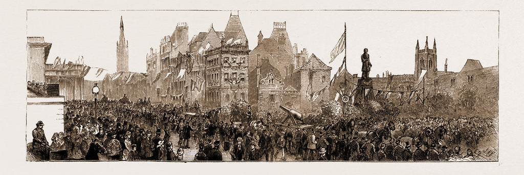 Detail of The Stephenson Centenary Celebration At Newcastle-on-tyne: The Cart-horse Procession: The Armstrong Gun Passing The Stephenson Monument, Newcastle by Anonymous