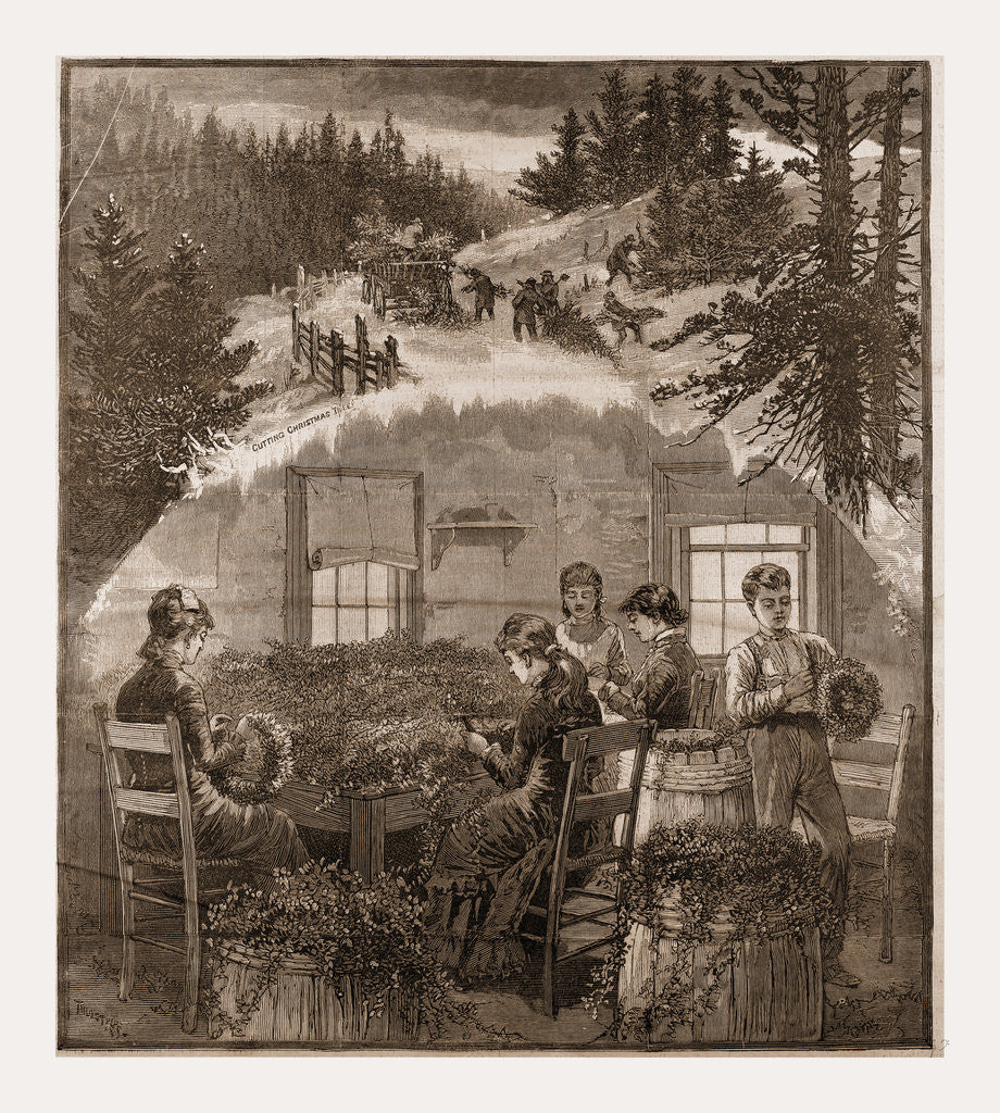 Detail of Making Wreaths, Preparing Christmas Greens, 1880, USA by Anonymous