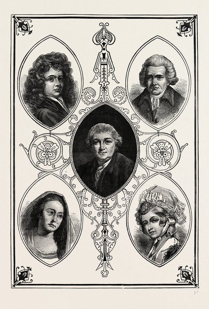Detail of Drury Lane Celebrities. Betterson, Mrs. Pritchard, Garrick, Macklin, Mrs. Robinson by Anonymous