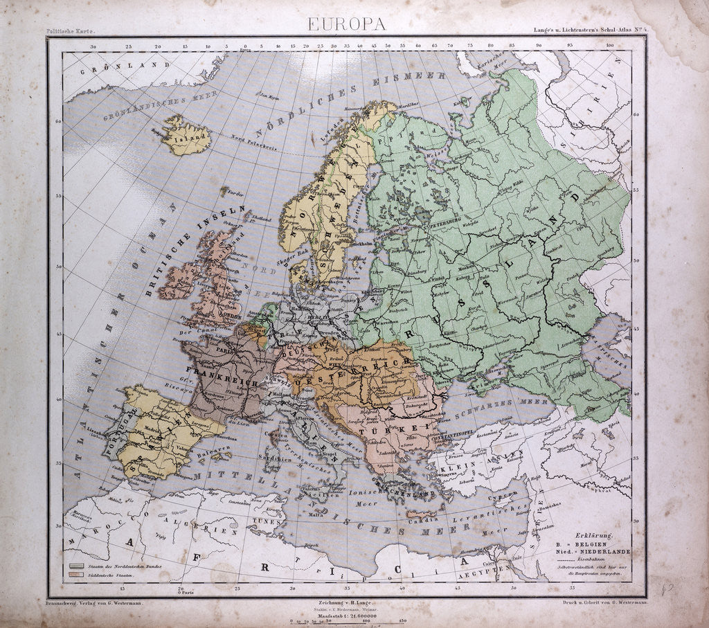 Detail of Europe, Europa, antique map 1869 by Th. von Liechtenstern and Henry Lange