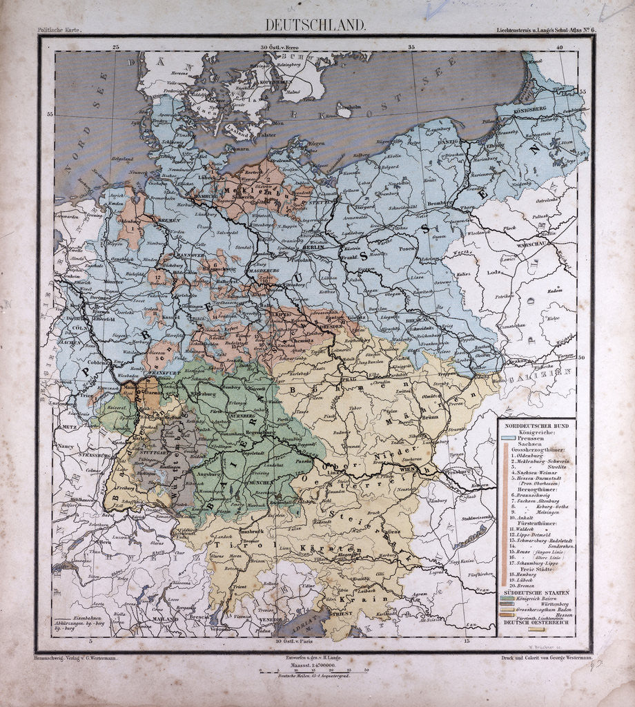 Detail of Germany, antique map 1869 by Th. von Liechtenstern and Henry Lange