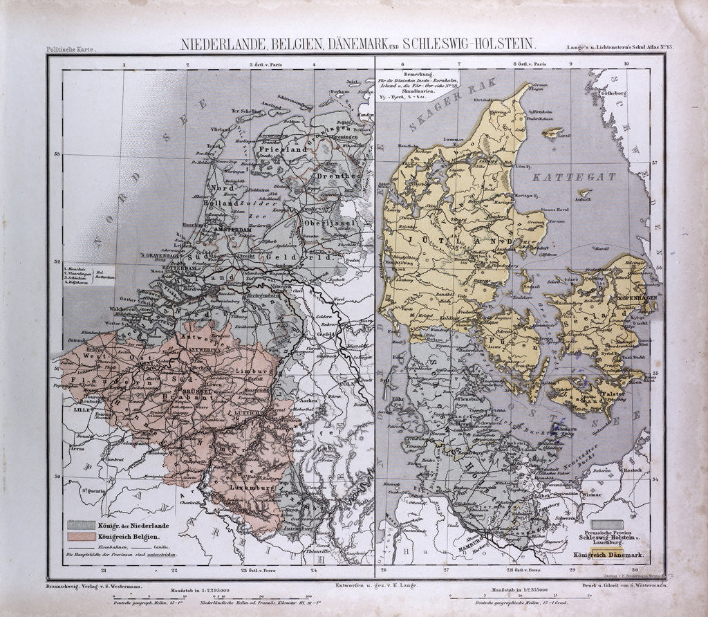 Detail of The Netherlands, Belgium, Danmark, Schleswig-Holstein, antique map 1869 by Th. von Liechtenstern and Henry Lange