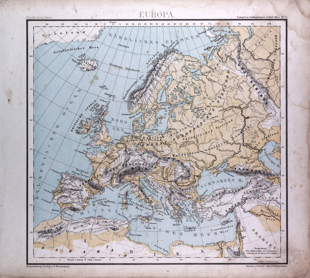 Detail of Europe, antique map 1869 by Th. von Liechtenstern and Henry Lange