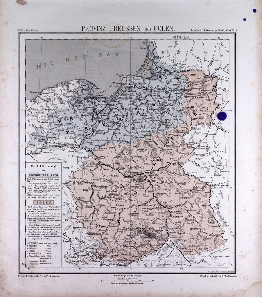 Detail of Germany, Prussia, Poland, antique map 1869 by Th. von Liechtenstern and Henry Lange