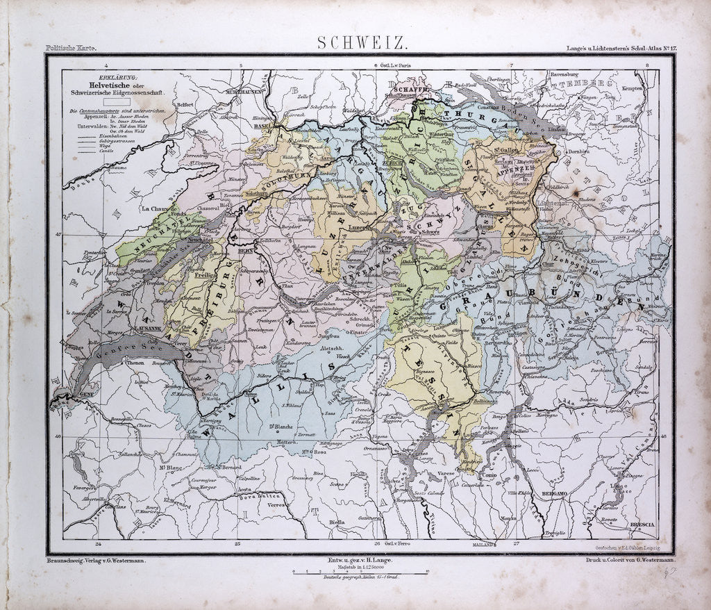 Detail of Switzerland, antique map 1869 by Th. von Liechtenstern and Henry Lange