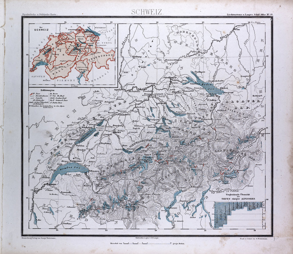 Detail of Switzerland, Schweiz, antique map 1869 by Th. von Liechtenstern and Henry Lange