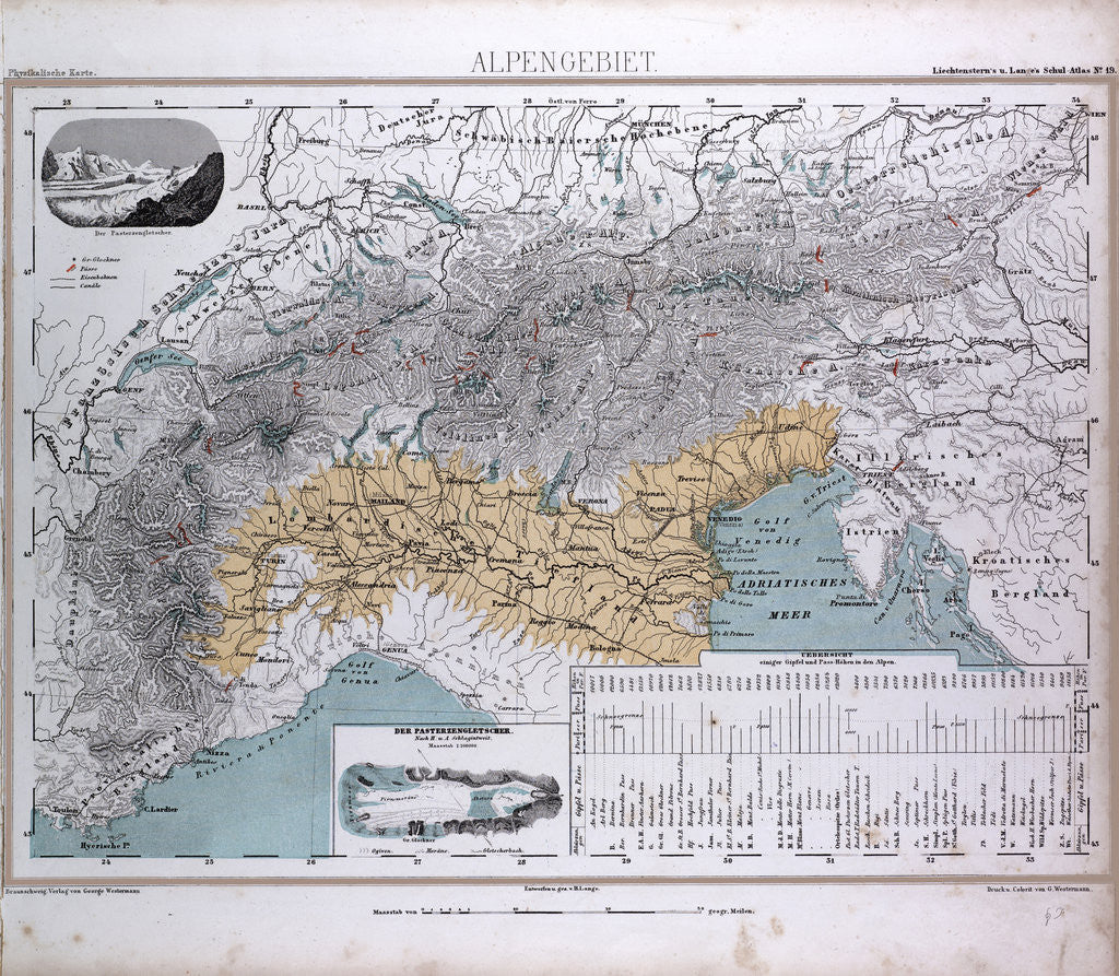 Detail of Alps, Alpengebiet, antique map 1869 by Th. von Liechtenstern and Henry Lange
