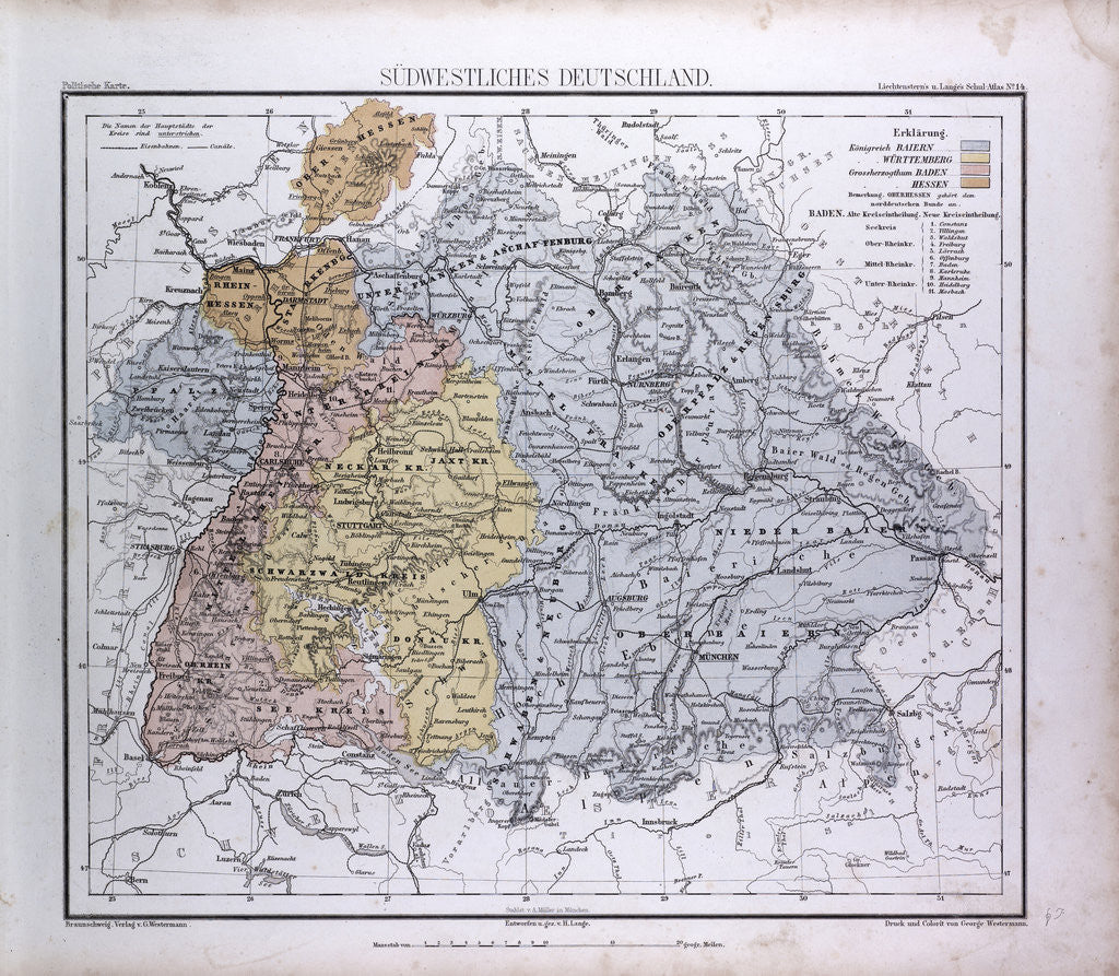 Detail of South West Germany, Sudwestliches Deutschland, antique map 1869 by Th. von Liechtenstern and Henry Lange