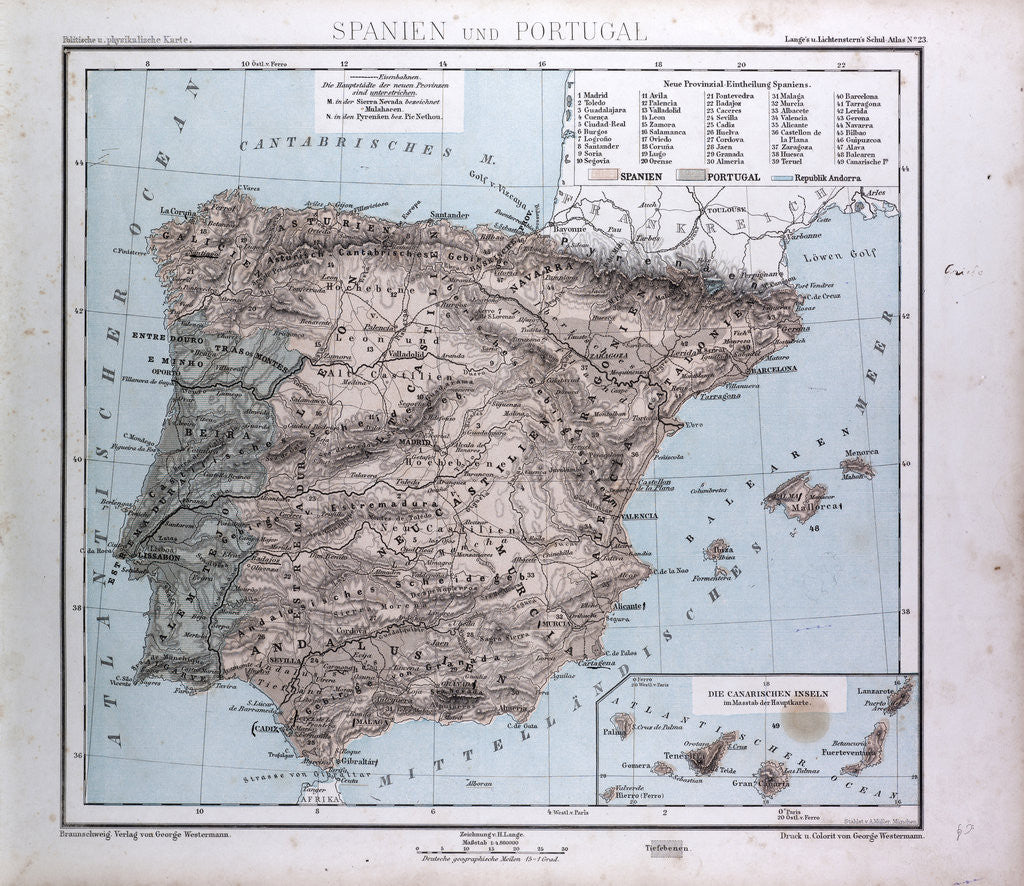 Detail of Spain and Portugal Map, antique map 1869 by Th. von Liechtenstern and Henry Lange
