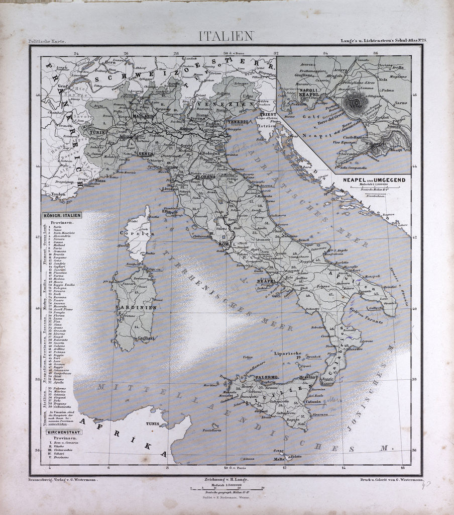Detail of Italy, antique map 1869 by Th. von Liechtenstern and Henry Lange