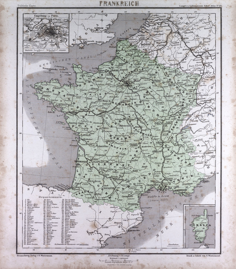 Detail of France, antique map 1869 by Th. von Liechtenstern and Henry Lange