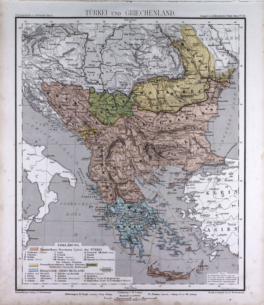 Detail of Turkey and Greece, antique map 1869 by Th. von Liechtenstern and Henry Lange