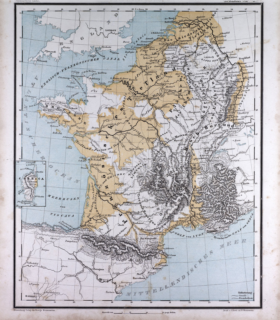 Detail of Europe, France, Belgium, The Netherlands, antique map 1869 by Th. von Liechtenstern and Henry Lange