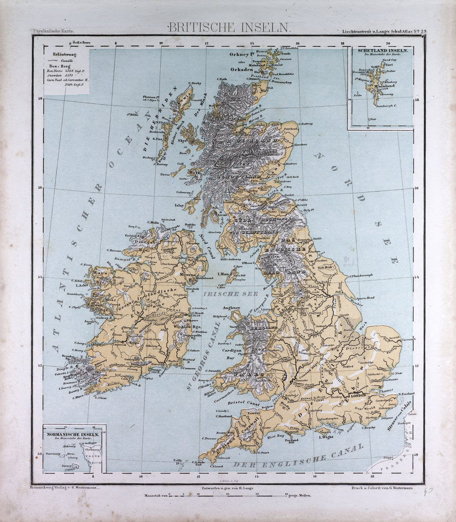 Detail of Great Britain and Ireland, antique map 1869 by Th. von Liechtenstern and Henry Lange