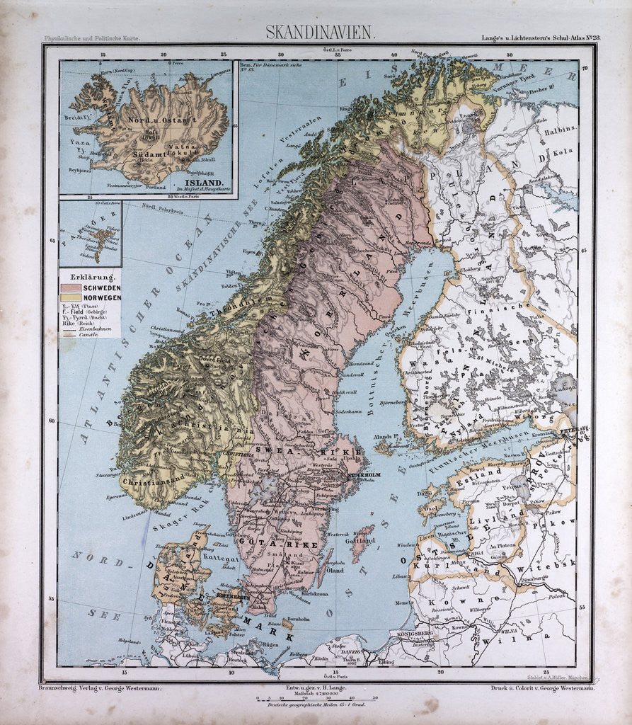 Detail of Scandinavia, Northern Europe, antique map 1869 by Th. von Liechtenstern and Henry Lange