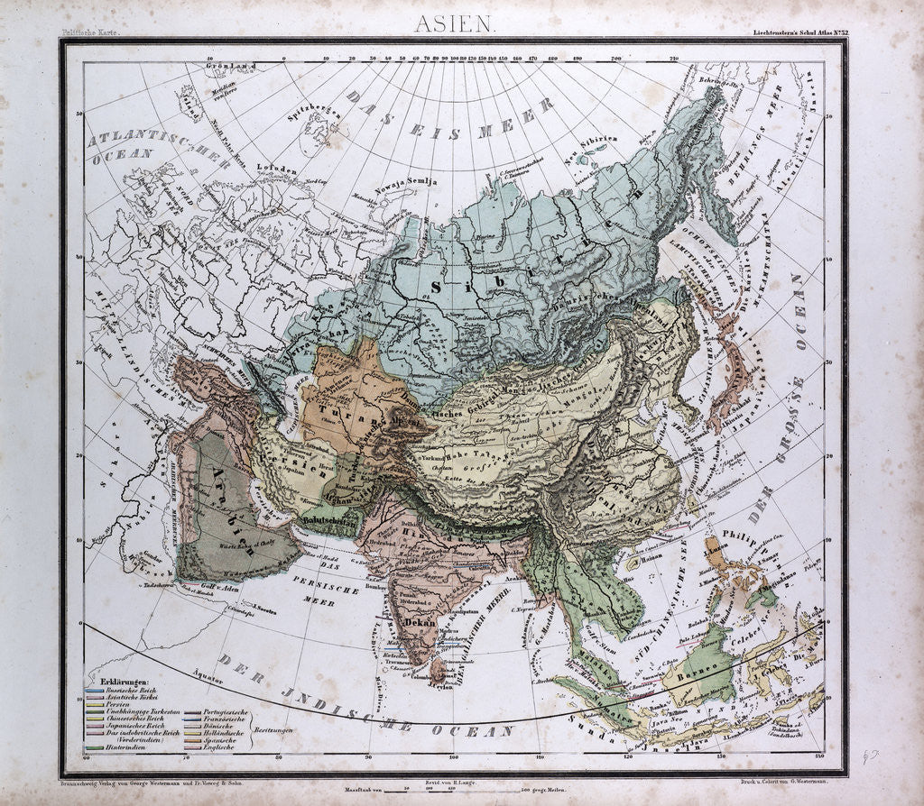 Detail of Asia Map, antique map 1869 by Th. von Liechtenstern and Henry Lange