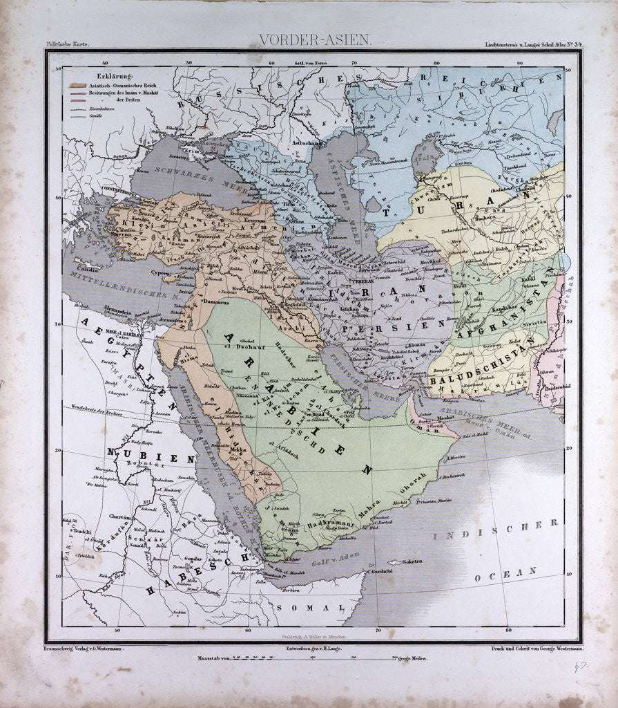 Detail of Western Asia or West Asia, antique map 1869 by Th. von Liechtenstern and Henry Lange