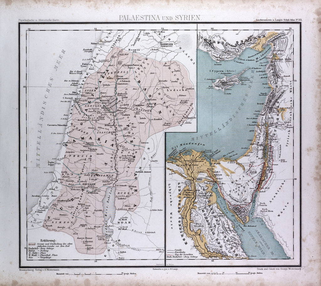 Detail of Israel, Syria, Palestina, antique map 1869 by Th. von Liechtenstern and Henry Lange