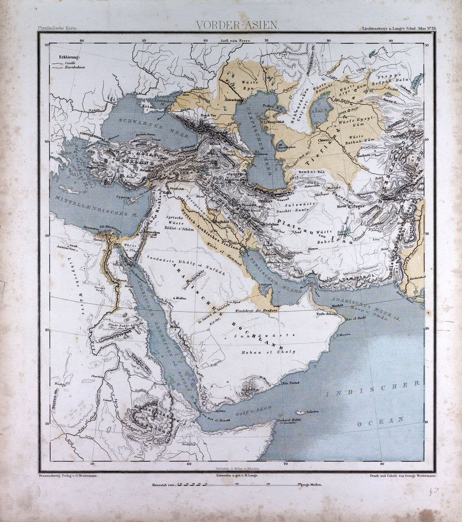 Detail of Western Asia or West Asia, antique map 1869 by Th. von Liechtenstern and Henry Lange